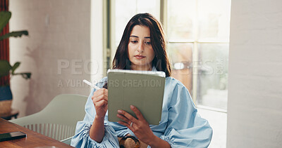 Buy stock photo Tablet, reading and stylus with business woman in office for social media marketing, campaign and research. Planning, branding and email newsletter with person in creative agency for feedback