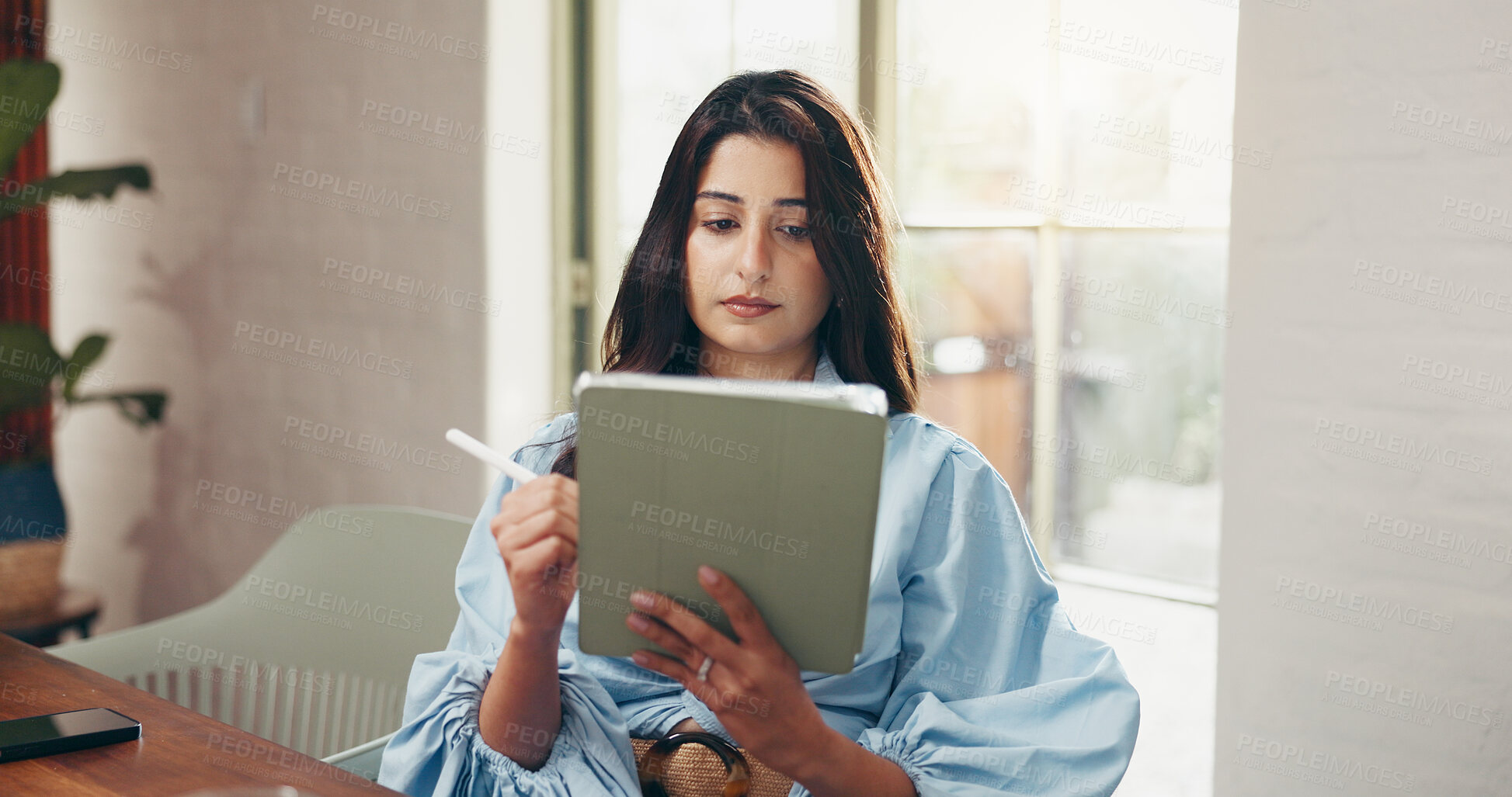 Buy stock photo Tablet, reading and stylus with business woman in office for social media marketing, campaign and research. Planning, branding and email newsletter with person in creative agency for feedback