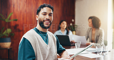 Buy stock photo Smile, tablet and portrait of business man in office for confidence, real estate trends and market research. Digital report, property agent and online realtor listing with employees in agency