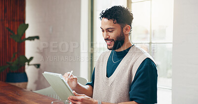 Buy stock photo Tablet, research and stylus with business man in office for event planning, project budget and smile. Timeline progress, reading and program manager with person in creative agency for checklist