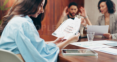 Buy stock photo Boardroom, documents and reading with business woman in office for meeting, planning or review. Information, report and strategy with employee team in professional workplace for company development
