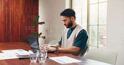 Buy stock photo Laptop, typing and business man in office with chart for social media analytics, research or data. Computer, creative and engagement analyst working on metrics, forecast trends and website traffic