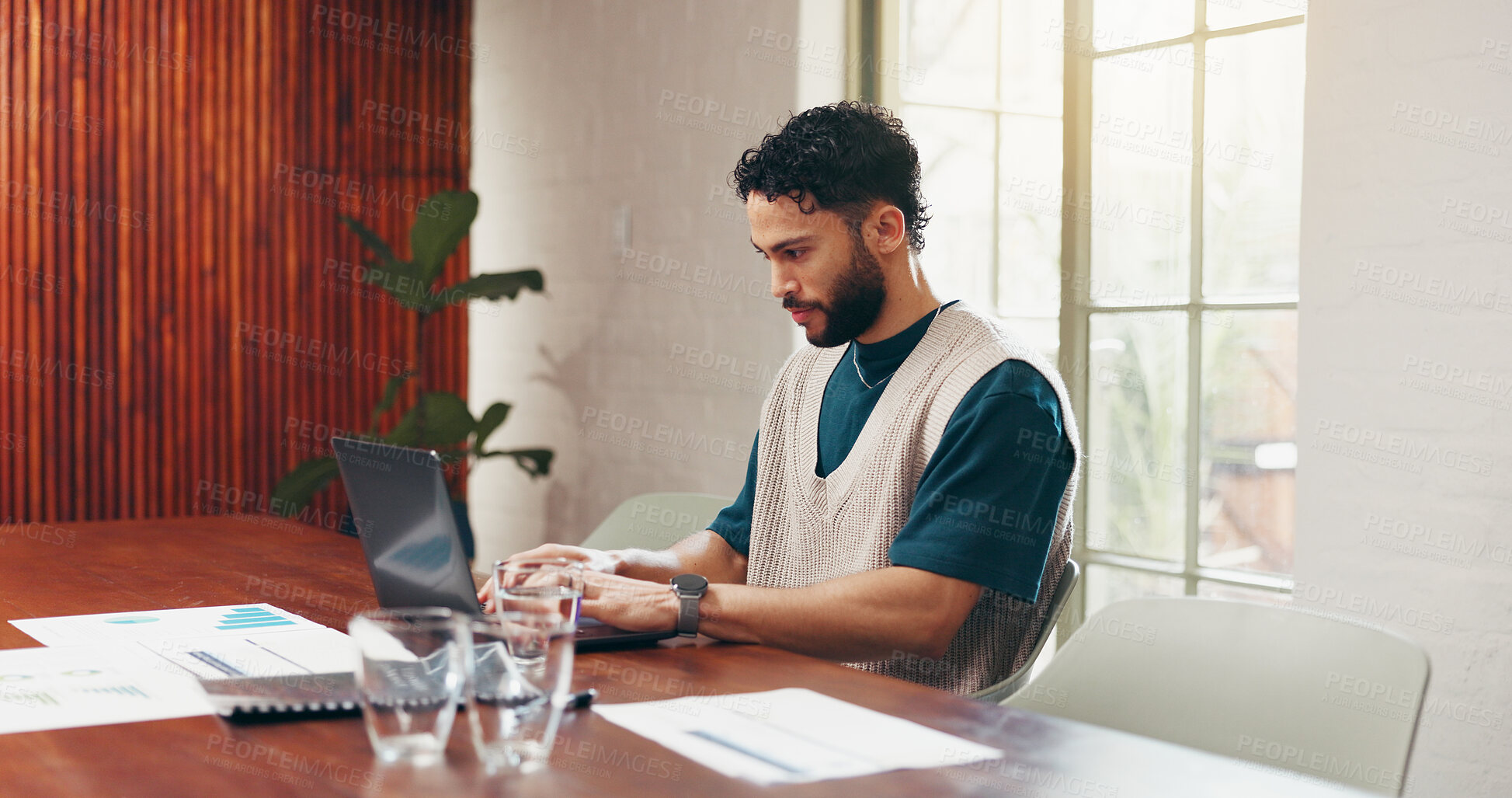 Buy stock photo Laptop, typing and business man in office with chart for social media analytics, research or data. Computer, creative and engagement analyst working on metrics, forecast trends and website traffic