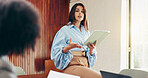 Tablet, business woman and discussion in meeting for compliance review, idea or planning. Technology, proposal and conversation with team in office for policy development,  project or risk assessment