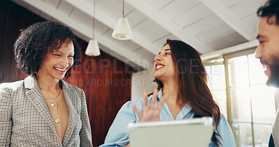 Buy stock photo Group, business people and laugh with tablet in office for compliance review, idea or discussion. Technology, proposal and conversation with happy team in meeting for policy development or funny joke