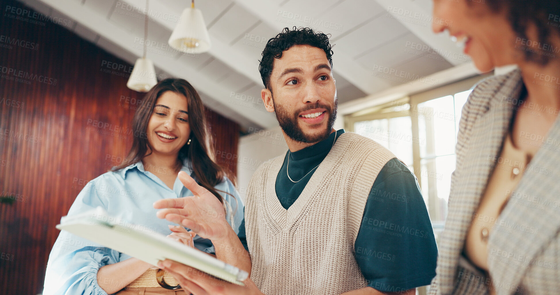 Buy stock photo Team, business people and laugh with tablet in office for compliance review, idea or discussion. Technology, proposal and conversation with happy group in meeting for policy development or funny joke