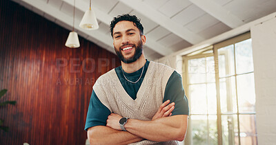 Buy stock photo Portrait, man and smile with arms crossed at house for career pride, about us and media reporter. Happy, journalist and confidence for breaking news, story author and ambition for article publication
