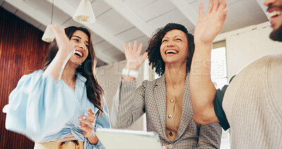 Buy stock photo High five, teamwork and business people in office with achievement, success or support. Happy, collaboration and group of corporate employees with hands together for celebration of goals in workplace