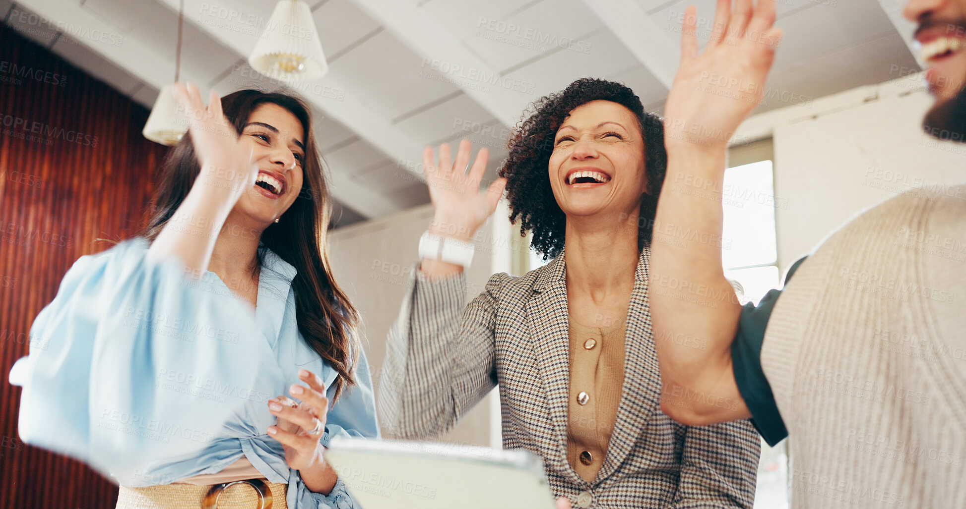 Buy stock photo High five, teamwork and business people in office with achievement, success or support. Happy, collaboration and group of corporate employees with hands together for celebration of goals in workplace