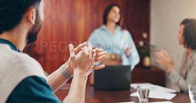 Buy stock photo Hands, applause and team at office, support or target with motivation with praise at startup. People, group and clapping at workplace for celebration, success and presentation at creative agency