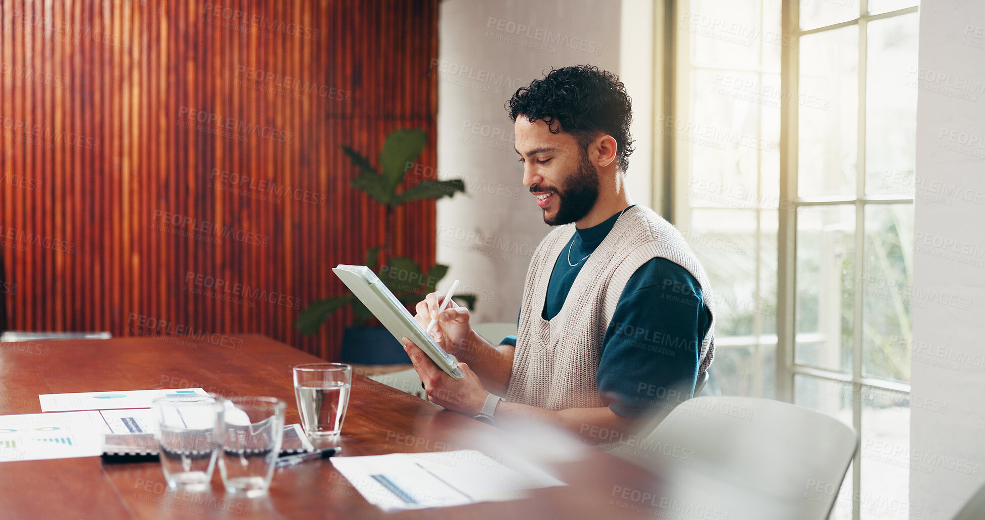 Buy stock photo Tablet, smile and stylus with business man in office for event planning, project budget and graph. Timeline progress, reading and program manager with person in creative agency for checklist