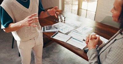 Buy stock photo Above, business and people in office, conversation and explain with documents, ideas and meeting. Employees, gesture and consultant in workplace, discussion and communication with planning and review