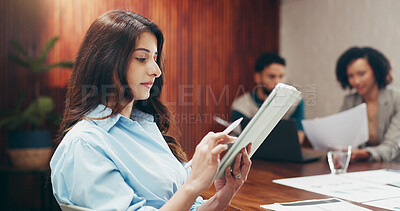 Buy stock photo Tablet, reading and stylus with business woman in office for event planning, project budget and research. Timeline progress, review and program manager with person in creative agency for checklist