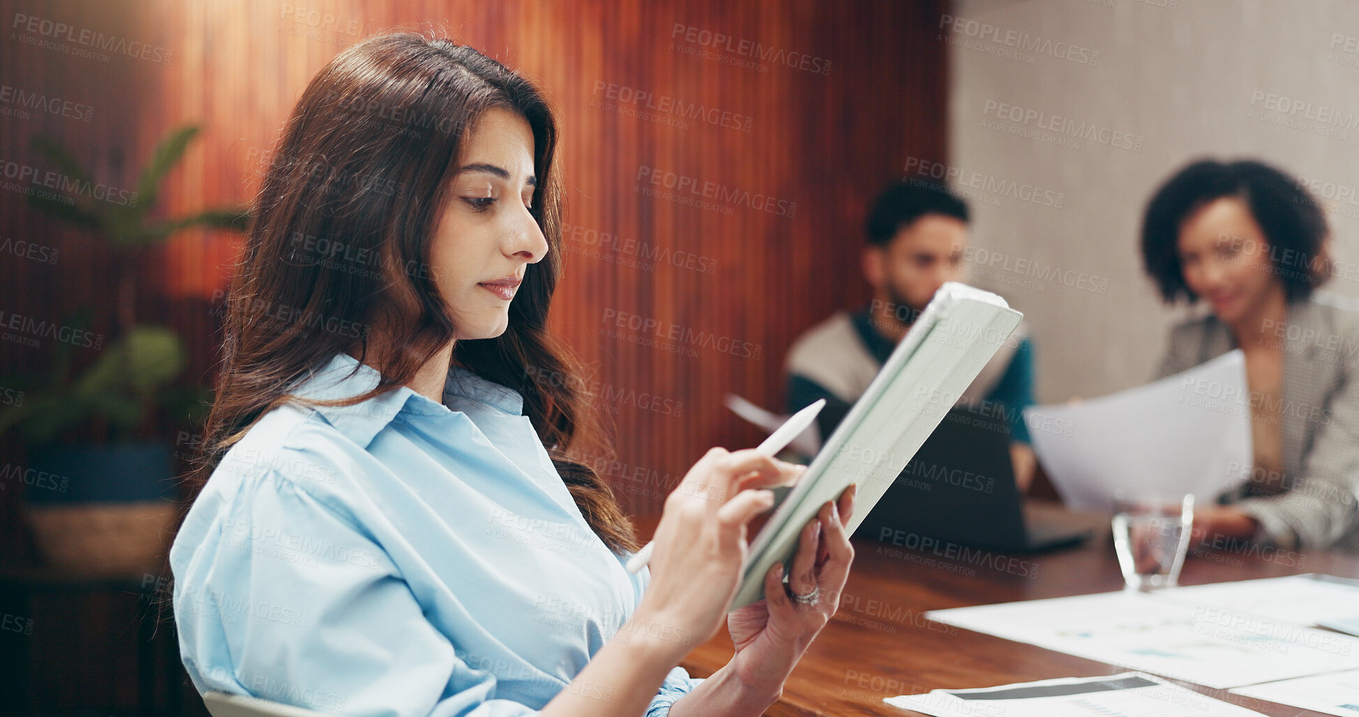 Buy stock photo Tablet, reading and stylus with business woman in office for event planning, project budget and research. Timeline progress, review and program manager with person in creative agency for checklist