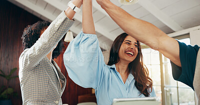 Buy stock photo High five, collaboration and business people in office with achievement, success or support. Happy, teamwork and group of corporate employees with hands together for celebration of goals in workplace