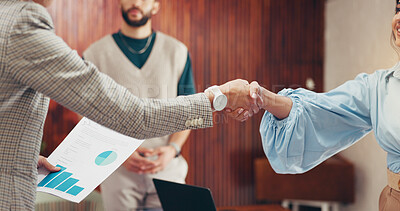 Buy stock photo Business people, meeting or handshake with documents for analytics, b2b or partnership in office. Employee, colleagues or shaking hands with paperwork for team statistics, project or performance deal