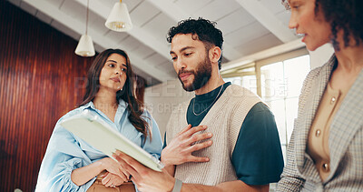 Buy stock photo Team, business people and planning with tablet in meeting for compliance review, idea or discussion. Technology, proposal and conversation with group in office for policy development or project