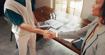 Buy stock photo Business people, meeting and handshake with greeting for introduction, b2b or partnership in office. Employees, colleagues or shaking hands with top view for team agreement, project or deal together