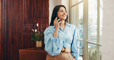 Buy stock photo Phone call, window and business woman in office for communication, contact and online chat. Startup, creative company and person on smartphone for connection, discussion or networking for client deal