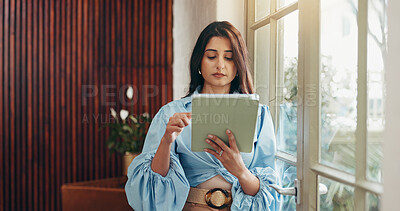Buy stock photo Tablet, scroll and reading with business woman in office for social media marketing, campaign and research. Planning, branding and email newsletter with person in creative agency for feedback
