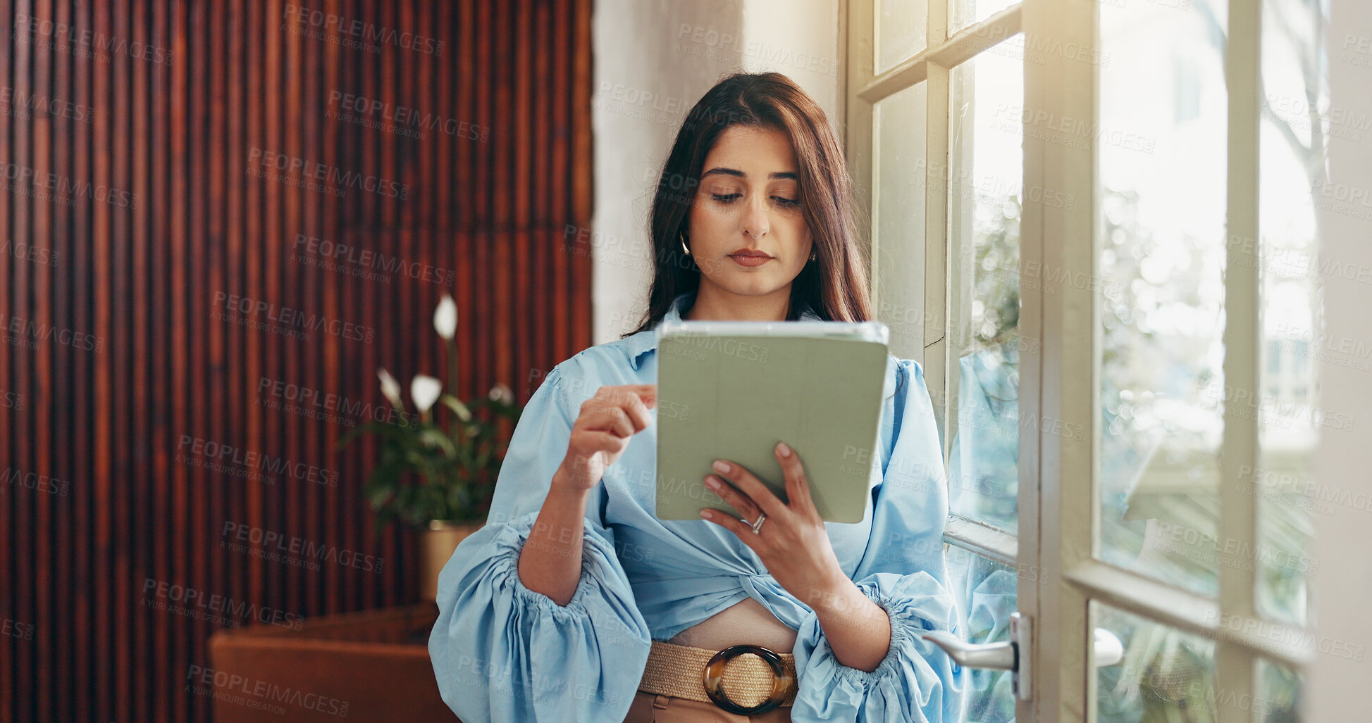 Buy stock photo Tablet, scroll and reading with business woman in office for social media marketing, campaign and research. Planning, branding and email newsletter with person in creative agency for feedback