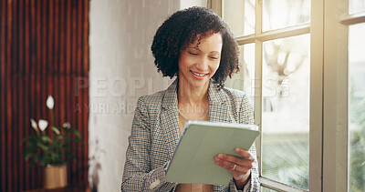 Buy stock photo Tablet, smile and research with business woman in office for social media marketing, campaign and reading. Planning, branding and email newsletter with person in creative agency for feedback