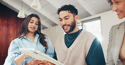 Buy stock photo Business, team and discussion with tablet in office for guest list review, venue booking or planning. Event planner, people and tech on low angle for vendor selection process and online reservation