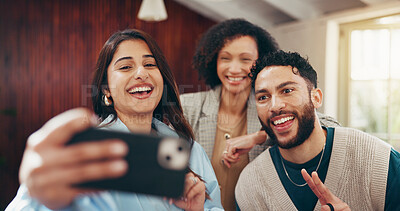 Buy stock photo Smile, teamwork and selfie with business people in office for social media post, peace sign and happy. Profile picture, online photography and partnership with group of employees in creative agency