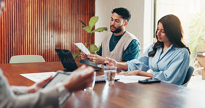 Buy stock photo Discussion, document and business people in office with creative project in collaboration for publishing. Meeting, laptop and editor group with tablet for feedback, review or advice in workplace