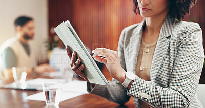 Buy stock photo Meeting, tablet and hands of business woman in office for planning, project research and report. Startup, creative team and workers on digital tech for online proposal, website review and feedback