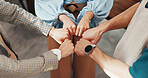 Hands, fist bump and team at office with support, above and synergy for goals in circle at company. People, group and huddle at startup for celebration, success or collaboration at creative agency