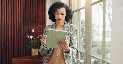 Buy stock photo Upset, reading and woman in office with tablet, online newspaper and article rejection for editor. Confused, journalist and technology in agency with report, deadline mistake and missed submission.