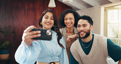 Buy stock photo Business people, team and selfie with picture for photography, memory or social media in office. Group, employees or colleagues with smile or app for capture moment, post or get together in workplace