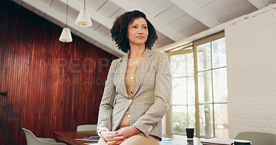 Buy stock photo Thinking, professional and business woman in office for reflection, real estate broker and vision. Perspective, property agent and realtor opportunity with employees in agency as commercial developer