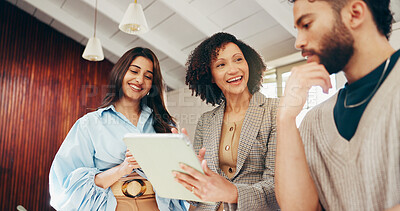 Buy stock photo Business, people and discussion with tablet in office for guest list review, venue ideas or planning. Event planner, teamwork and tech on low angle for vendor selection process or reservation booking