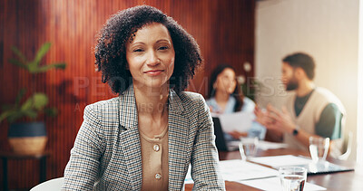 Buy stock photo Professional, meeting and portrait of business woman in office for confidence, real estate broker and about us. Pride, property agent and realtor opportunity with employee as commercial developer