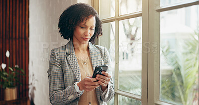 Buy stock photo Phone, networking and mature businesswoman in office with communication, email or contact on mobile app. Tech, connectivity and corporate employee with cellphone for social media or online research.