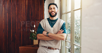 Buy stock photo Advertising, portrait and creative man in office, market research and confident for brand promotion. Happy,  business and proud person in workspace, about us and awareness campaign for sales boost.