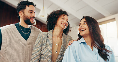 Buy stock photo Group, business and people with smile in office for career pride, funny joke and media collaboration. Low angle, confidence and creative team with solidarity, employees support and publication agency