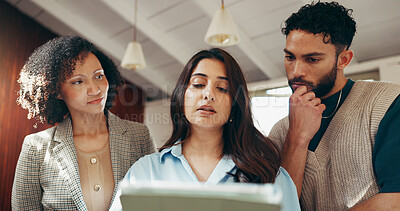 Buy stock photo Group, business people and discussion with tablet in meeting for compliance review, idea or planning. Technology, proposal and conversation with team in office for policy development or project