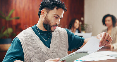 Buy stock photo Boardroom, documents and tablet with business man in office for meeting, planning or review. App, information and paperwork with employee team in professional workplace for company development