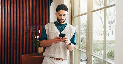 Buy stock photo Cellphone, networking and businessman in office with communication, email or contact on mobile app. Technology, connectivity and male creative director with phone for social media or online research.