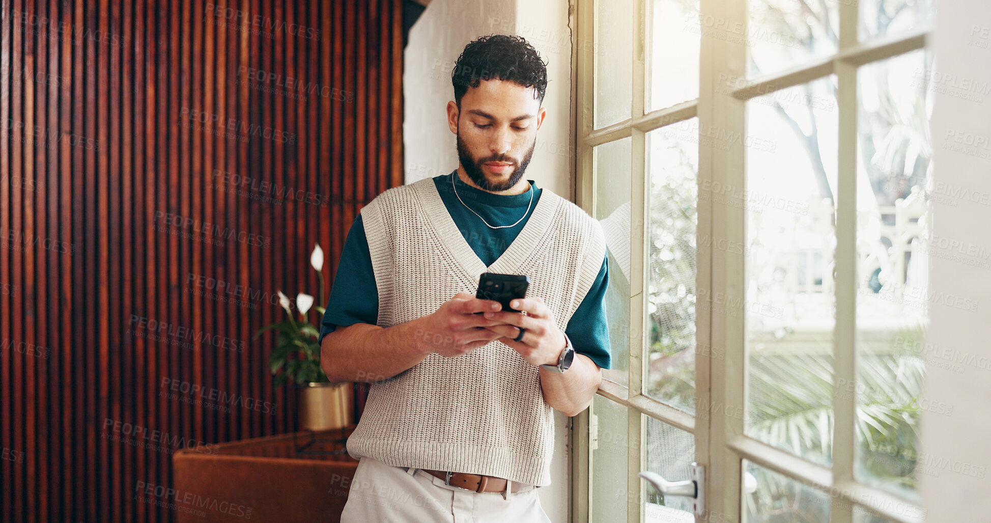 Buy stock photo Cellphone, networking and businessman in office with communication, email or contact on mobile app. Technology, connectivity and male creative director with phone for social media or online research.