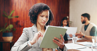Buy stock photo Tablet, research and typing with business woman in office for event planning, project budget and review. Timeline progress, reading and program manager with person in creative agency for checklist