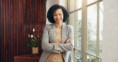Buy stock photo Portrait, woman and smile with confidence at hotel for career pride, about us and welcome. Happy, female manager and arms crossed for hospitality, booking accommodation and satisfaction for service