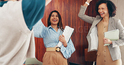 Buy stock photo High five, support and business people in office with achievement, success or collaboration. Happy, teamwork and group of corporate employees with hands together for celebration of goals in workplace