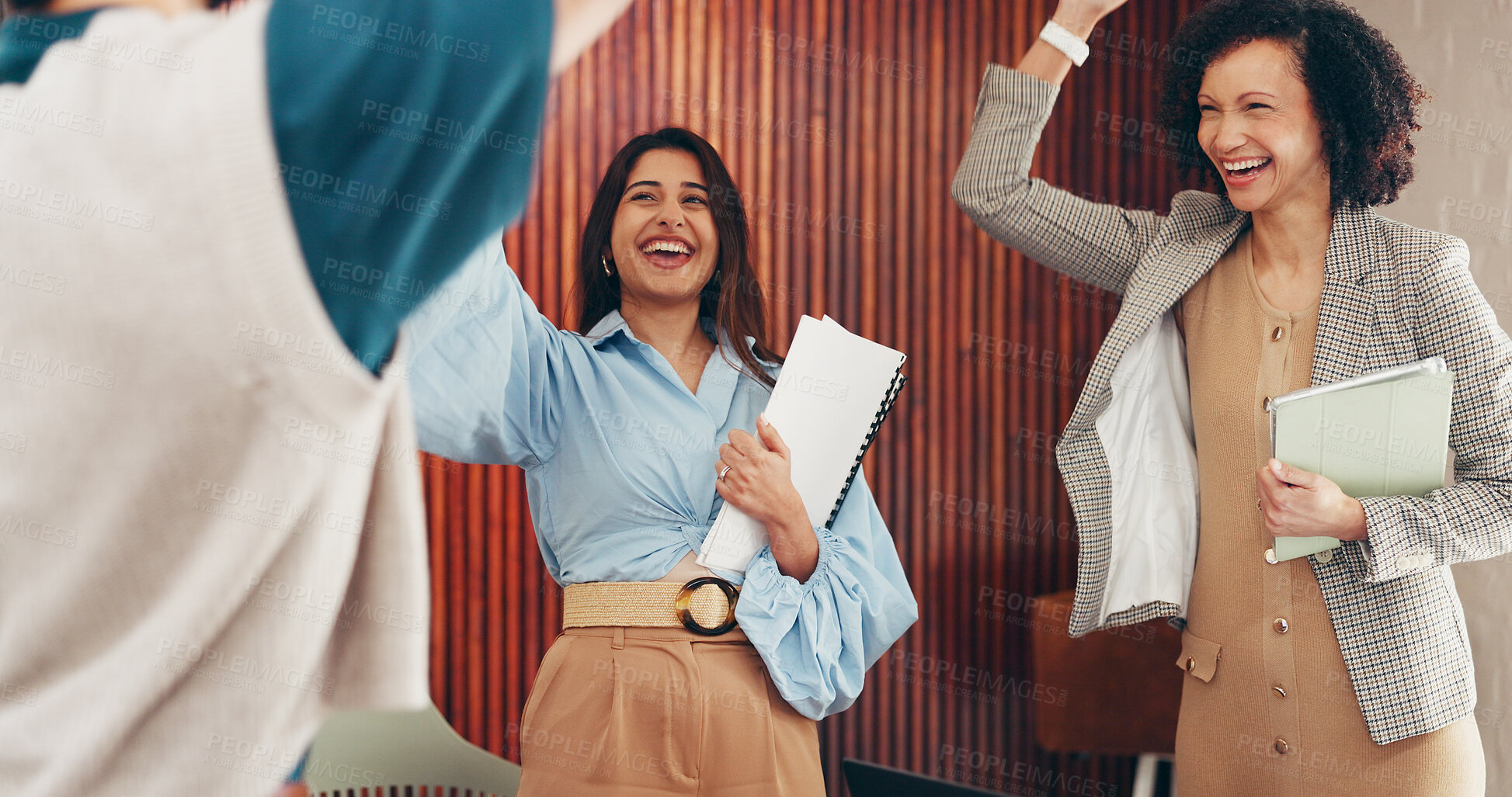 Buy stock photo High five, support and business people in office with achievement, success or collaboration. Happy, teamwork and group of corporate employees with hands together for celebration of goals in workplace