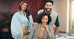 Happy, collaboration and portrait of business people in office with confidence for creative career. Smile, teamwork and magazine editors with manager for pride on article publishing in workplace.
