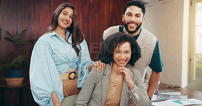 Buy stock photo Happy, collaboration and portrait of business people in office with confidence for creative career. Smile, teamwork and magazine editors with manager for pride on article publishing in workplace.