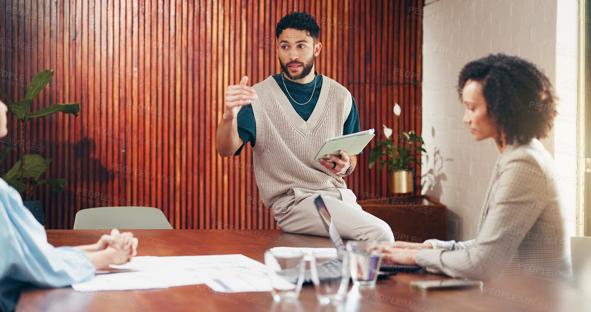 Buy stock photo Business, presentation and man in meeting, tablet and feedback for creative proposal. People, employee and consultant with tech, planning and speaker with ideas, conversation and brainstorming